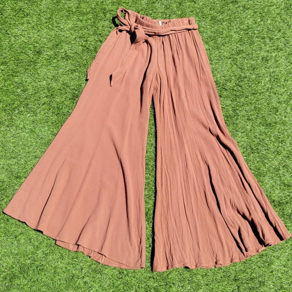 Hyfve Terracotta Rust Wide Leg Palazzo Pants Belted Boho Flowy Gauze Sz S